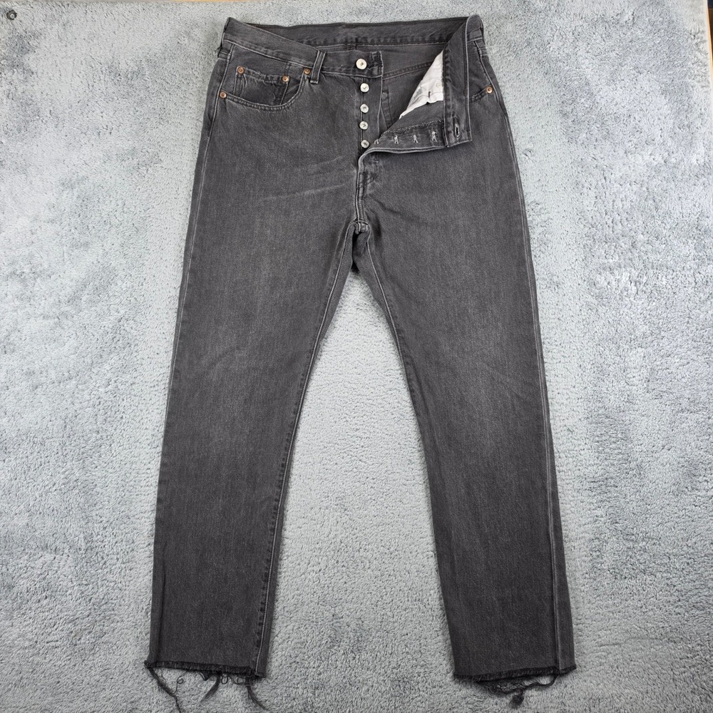 Levis 501 Button Fly Jeans Mens 32x30 Black Straight Leg Raw Hem Denim Grunge